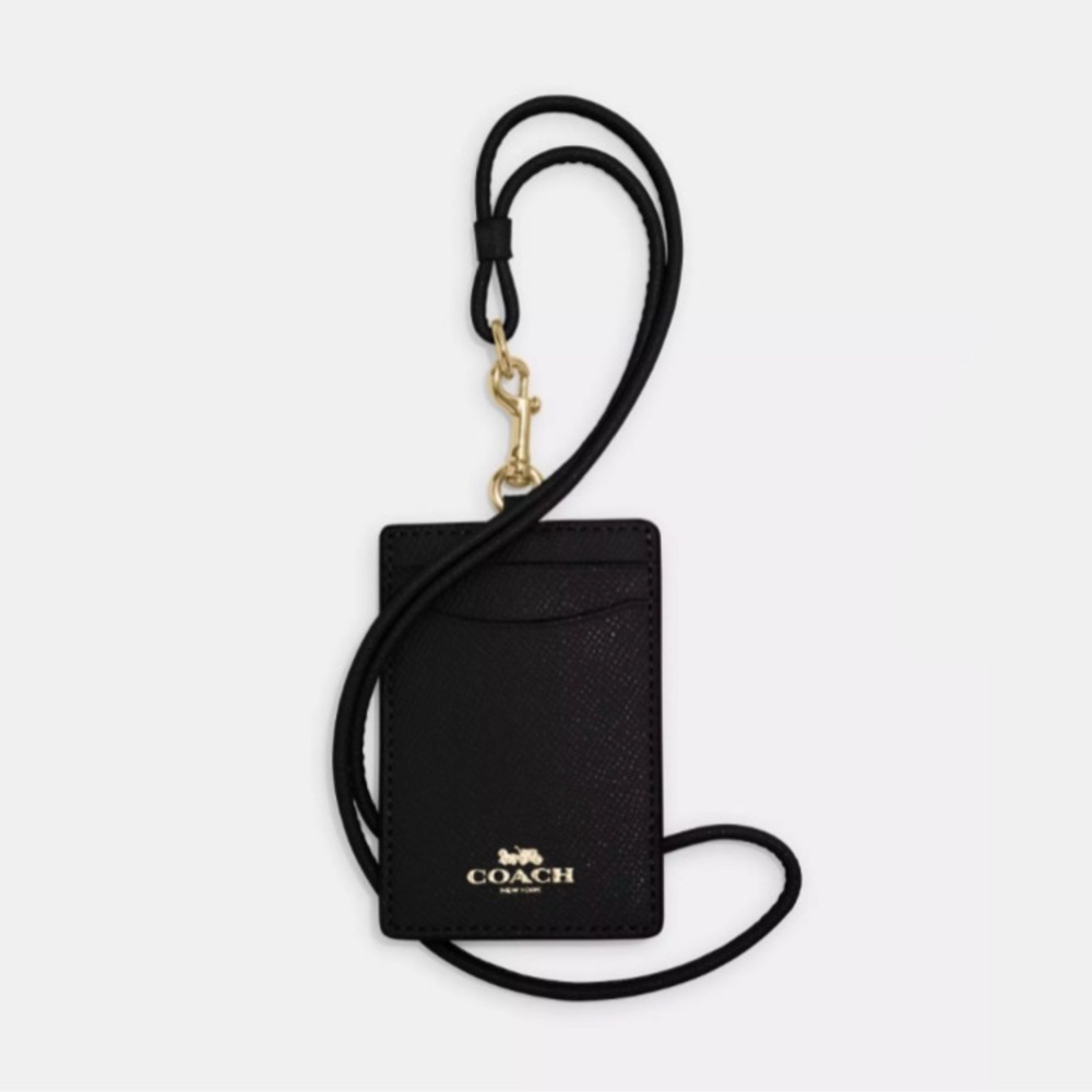 Coach Black Leather ID Lanyard Card Holder With Gold-Tone Hardware NWT